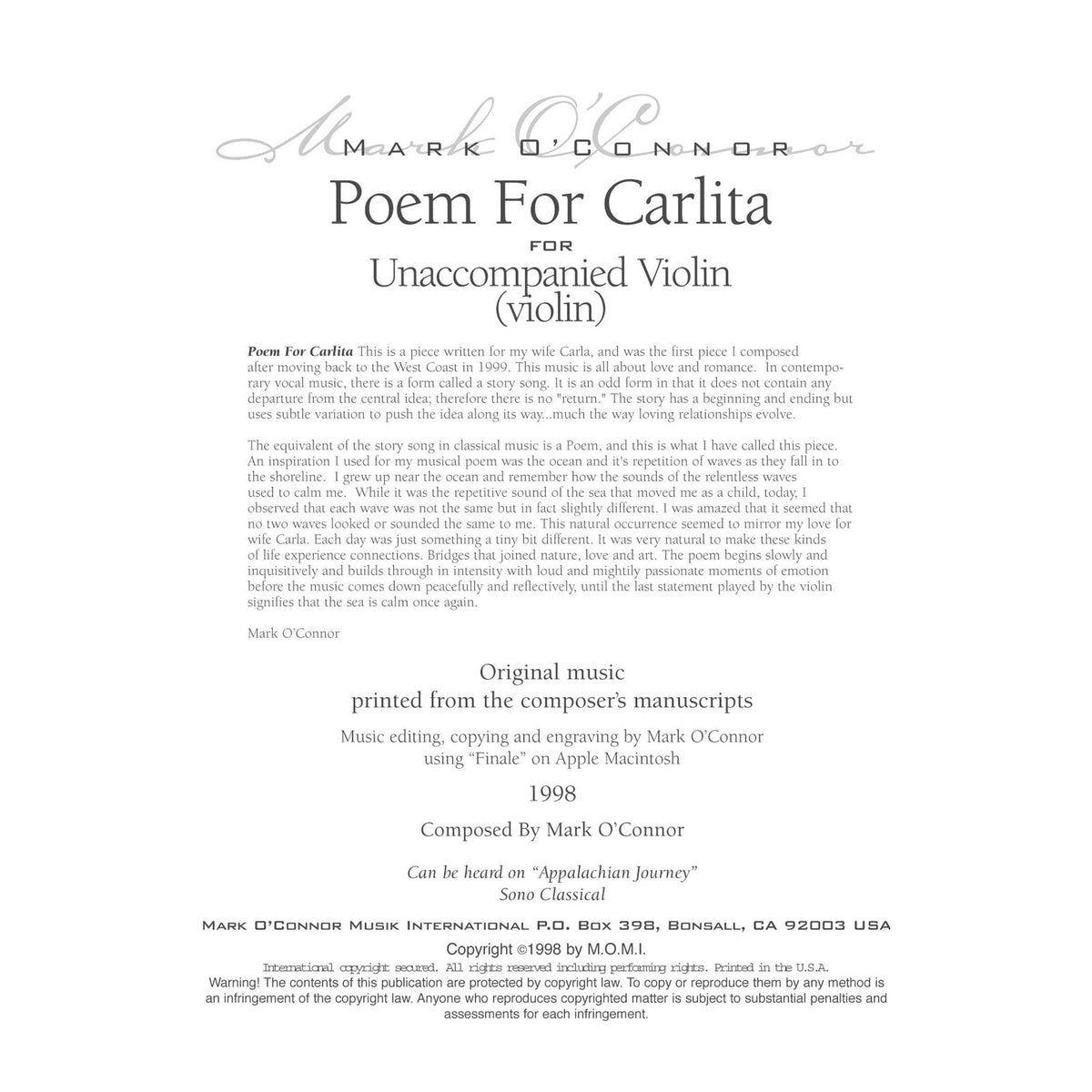 O'Connor, Mark - Poem for Carlita for Unaccompanied Violin - Digital Download