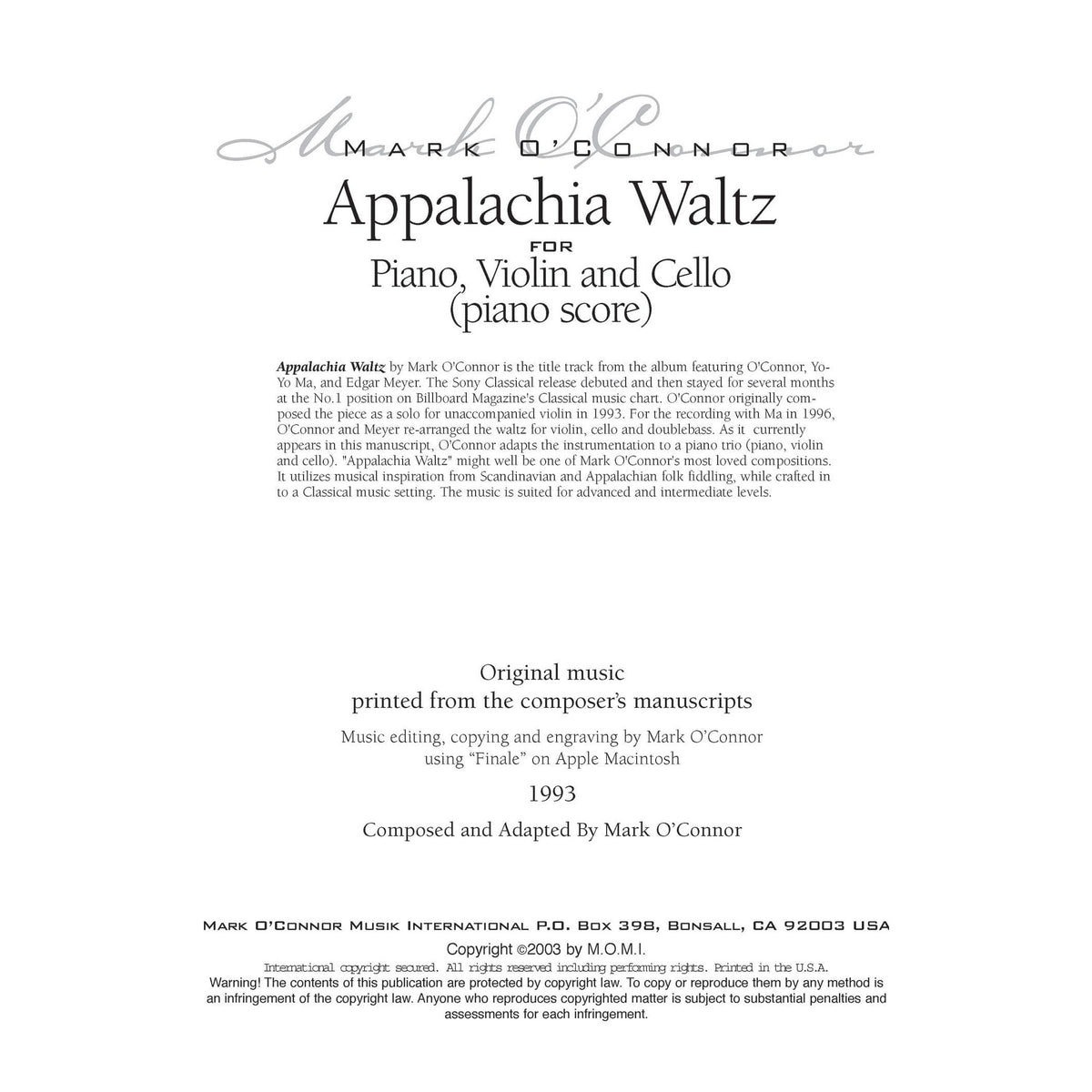 O'Connor, Mark - Appalachia Waltz for Piano, Violin, and Cello - Piano Score - Digital Download