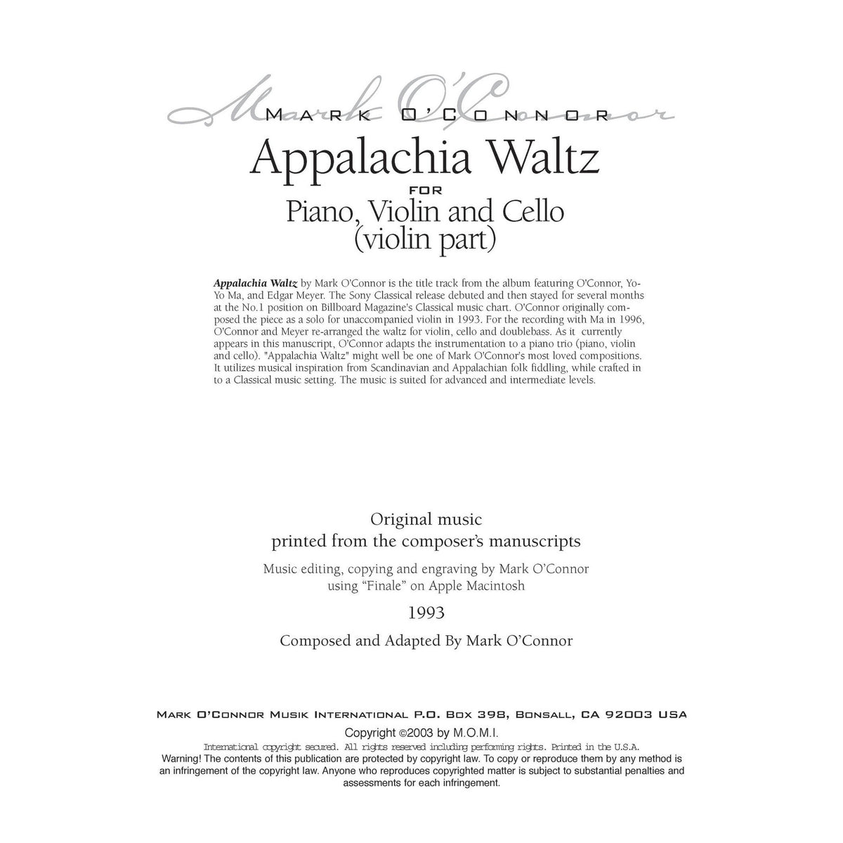 O'Connor, Mark - Appalachia Waltz for Piano, Violin, and Cello - Violin - Digital Download