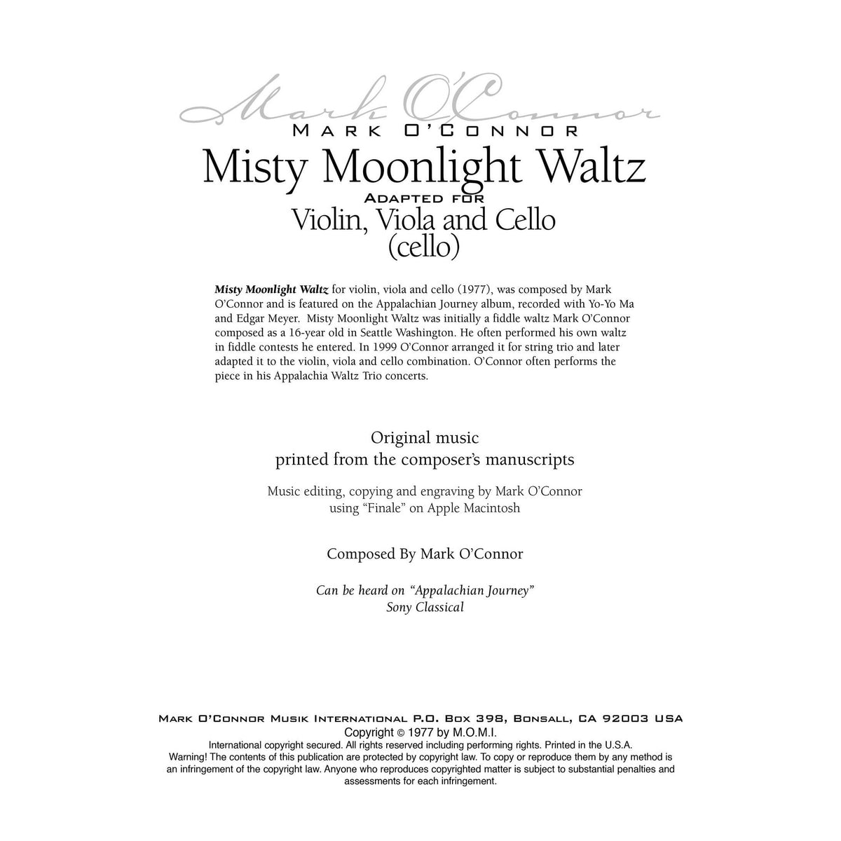 O'Connor, Mark - Misty Moonlight Waltz for Violin, Viola, and Cello - Cello - Digital Download