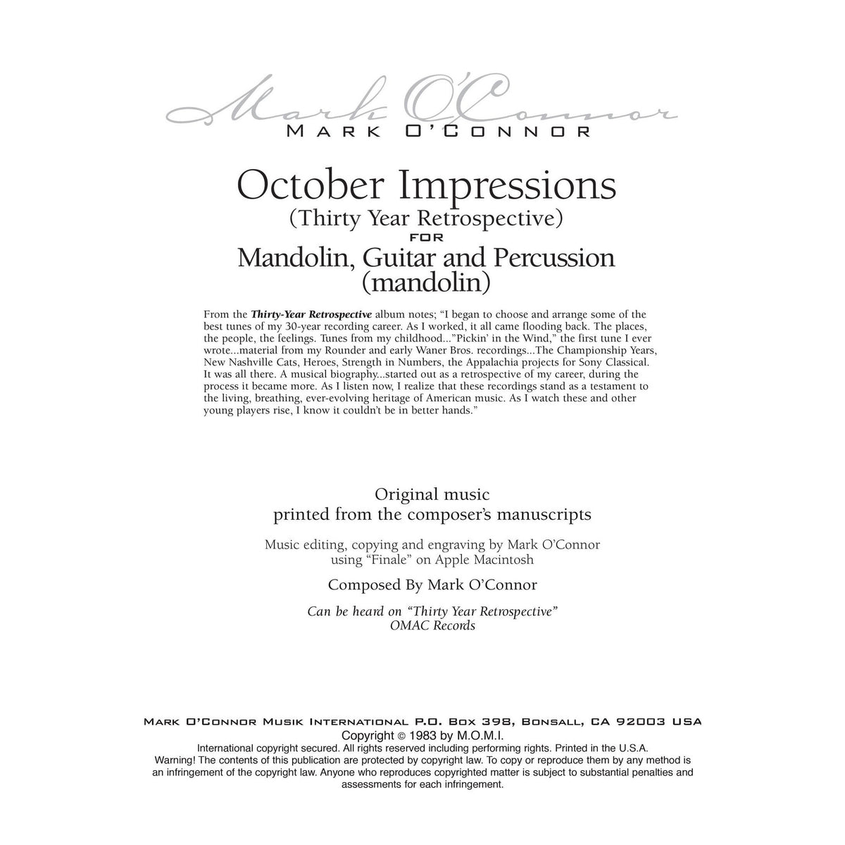 O'Connor, Mark - October Impressions for Mandolin, Guitar, and Percussion - Mandolin - Digital Download