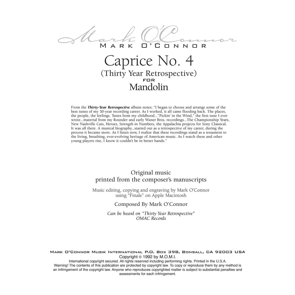 O'Connor, Mark - Caprice No. 4 for Mandolin - Digital Download