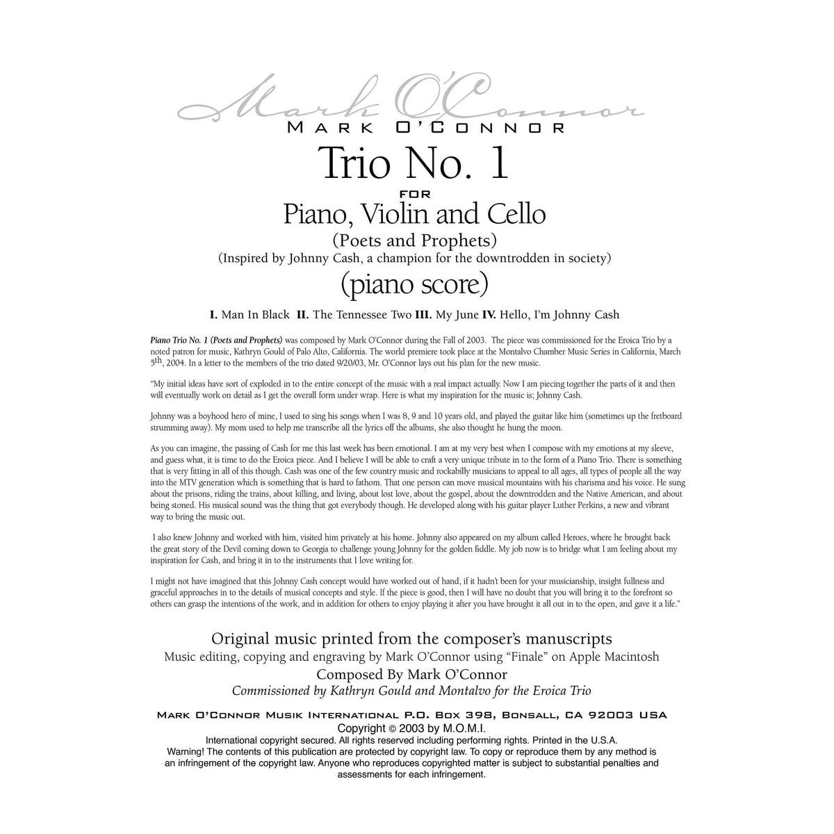 O'Connor, Mark - Trio No. 1 (Poets and Prophets) for Piano, Violin and Cello - Piano - Digital Download