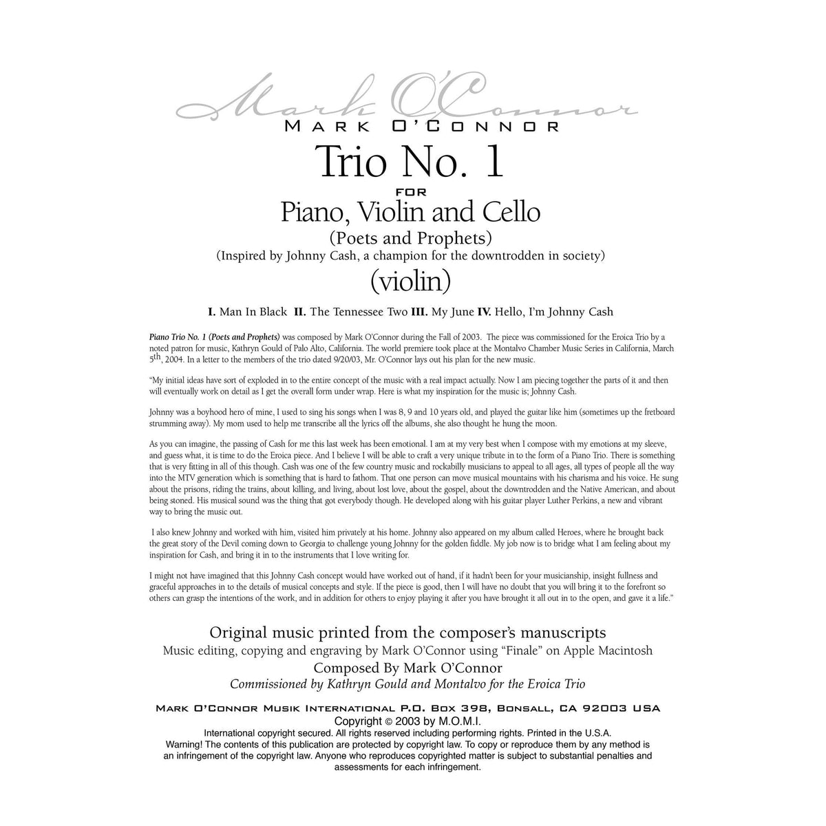O'Connor, Mark - Trio No. 1 (Poets and Prophets) for Piano, Violin and Cello - Violin - Digital Download