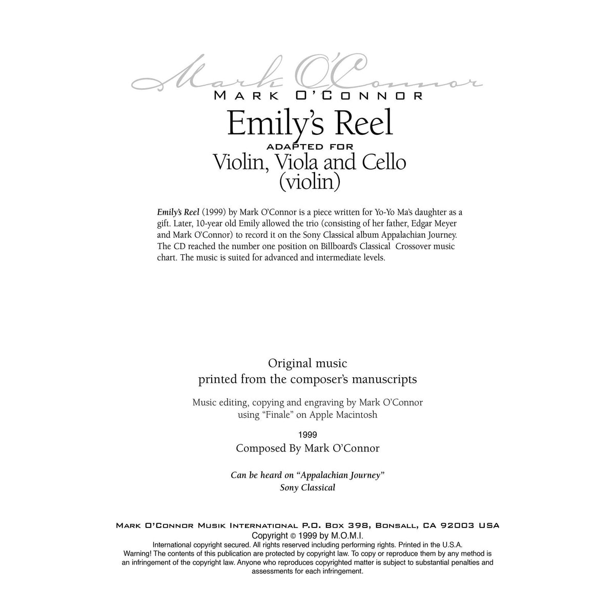 O'Connor, Mark - Emily's Reel for Violin, Viola, and Cello - Violin - Digital Download