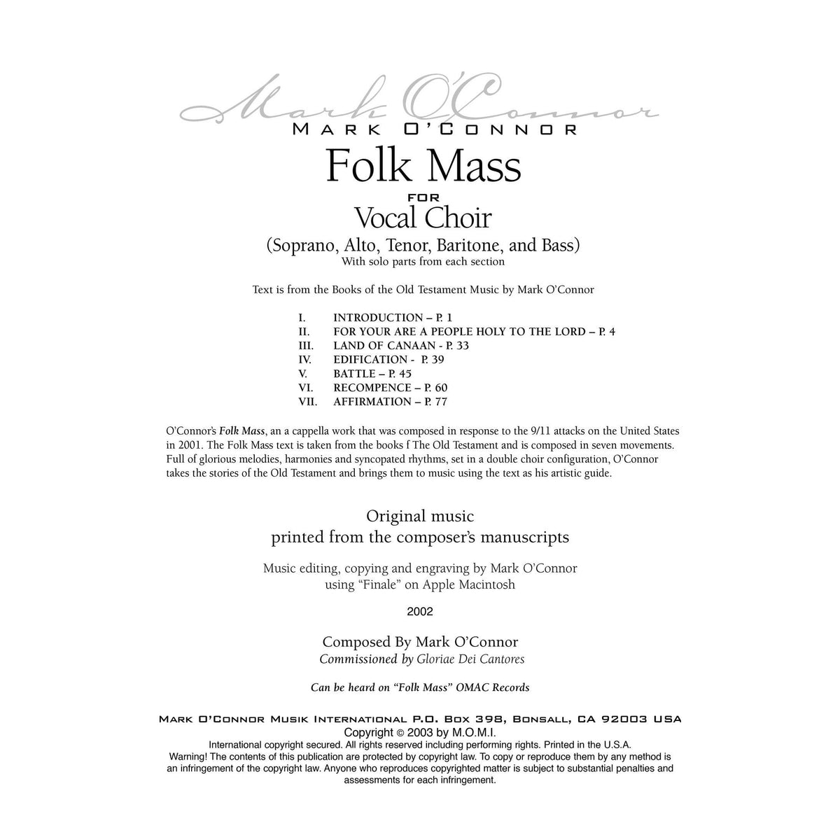 O'Connor, Mark - Folk Mass for Choir - Vocal Score - Digital Download