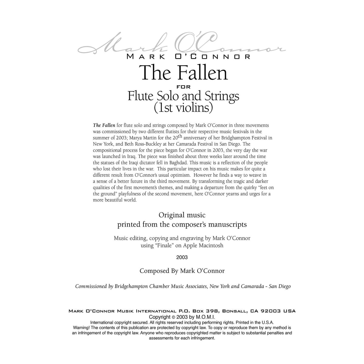 O'Connor, Mark - The Fallen for Flute and Strings - 1st Violins - Digital Download