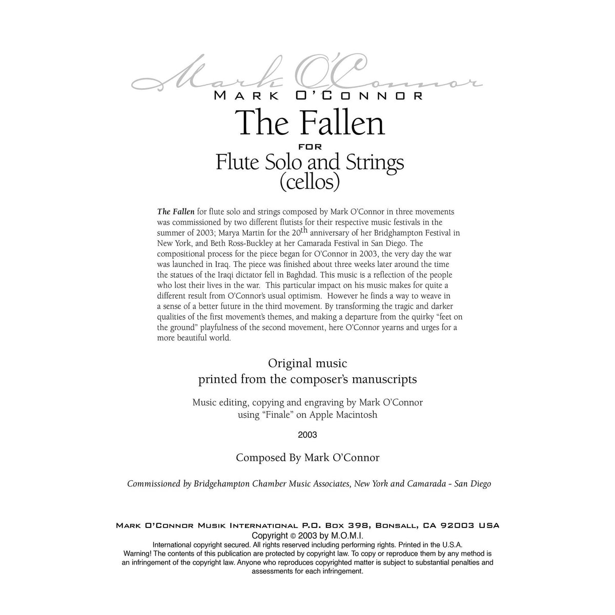 O'Connor, Mark - The Fallen for Flute and Strings - Cellos - Digital Download