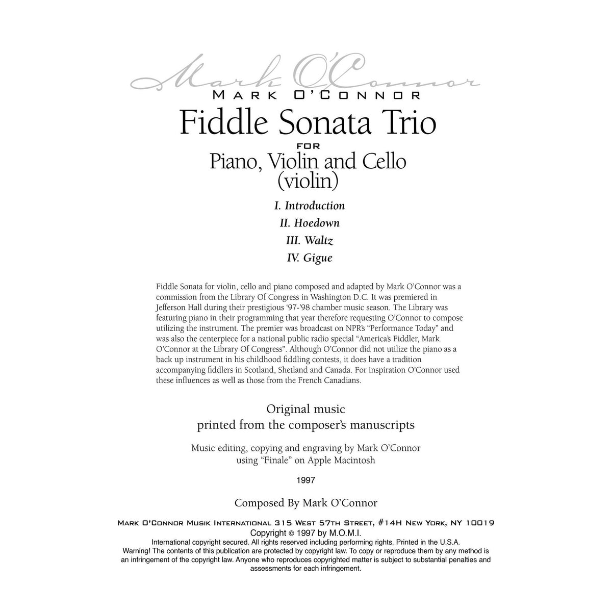 O'Connor, Mark - Fiddle Sonata Trio for Piano, Violin, and Cello - Violin - Digital Download