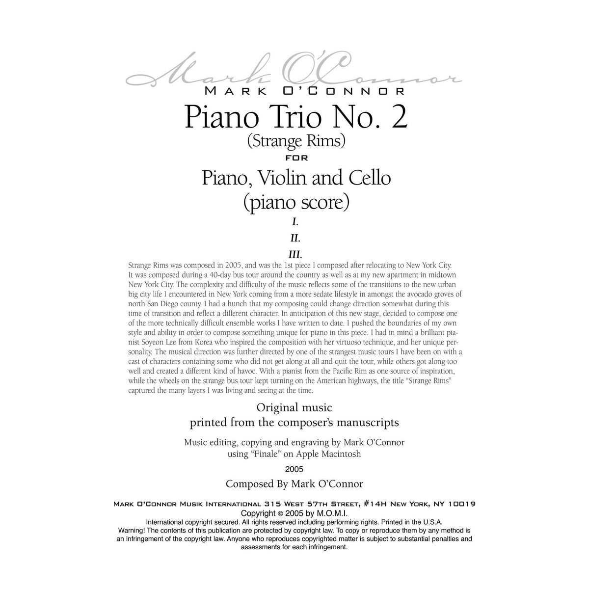 O'Connor, Mark - Piano Trio No. 2 (Strange Rims) for Piano, Violin, and Cello - Piano Score - Digital Download