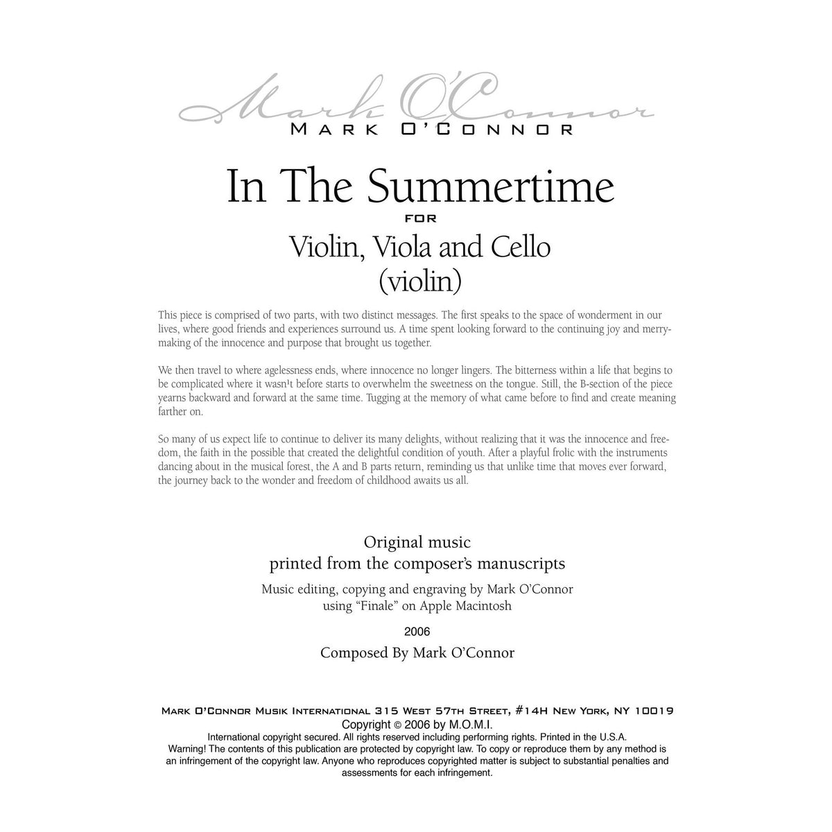 O'Connor, Mark - In the Summertime for Violin, Viola, and Cello - Violin - Digital Download