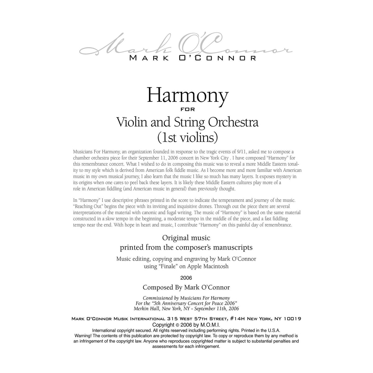 O'Connor, Mark - Harmony for Violin and Strings - 1st Violins - Digital Download