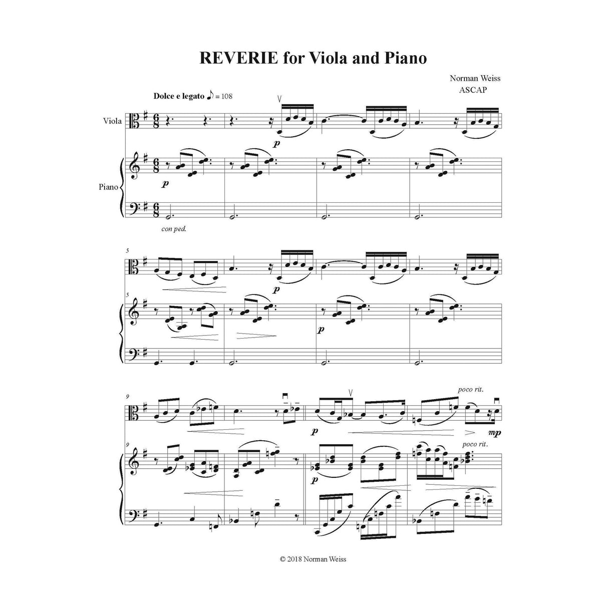 Weiss, Norman - Reverie for Viola and Piano (or Harp) - Digital Download