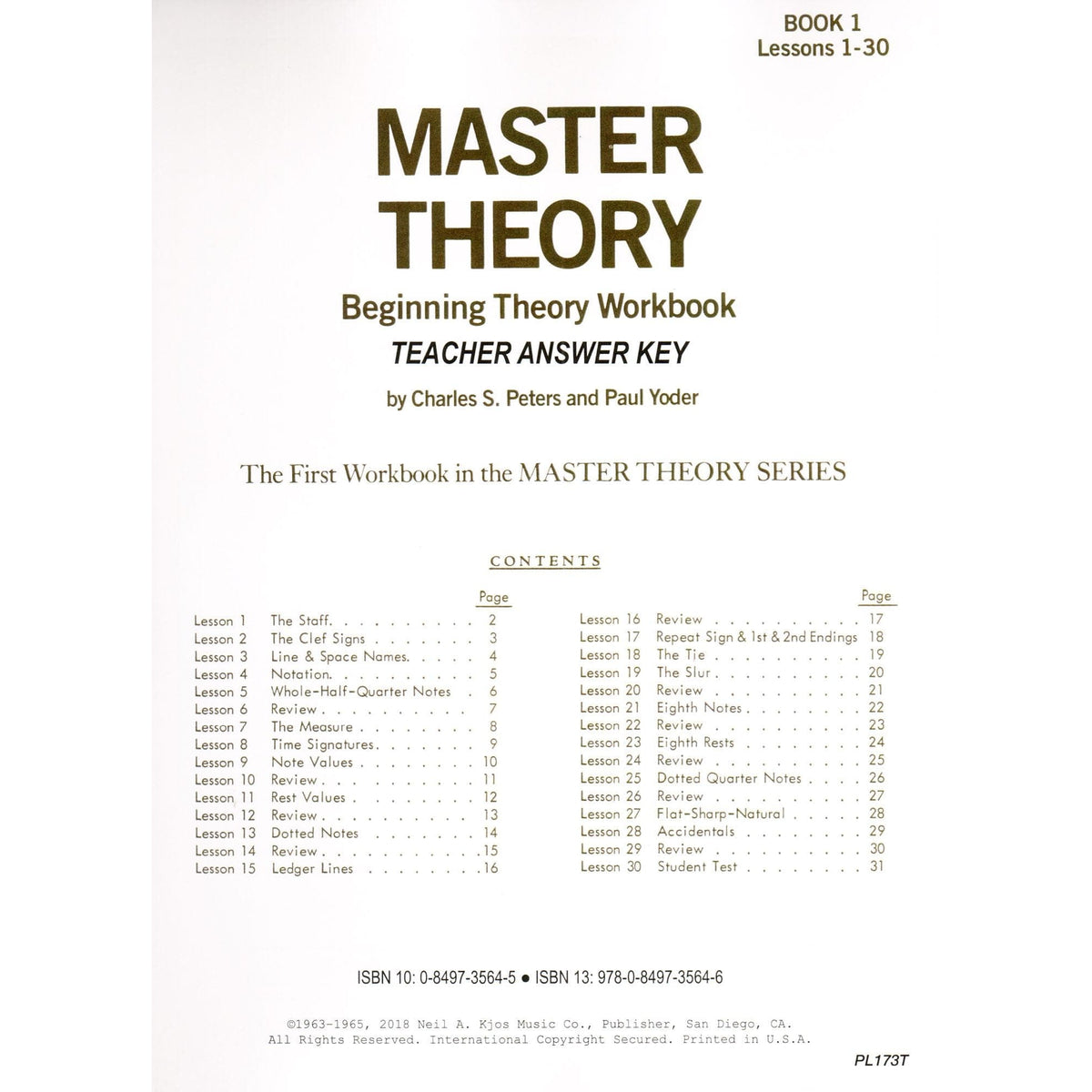 Master Theory Book 1: Teacher Answer Key By Charles Peters and Paul Yoder Published by Neil A Kjos Music Company