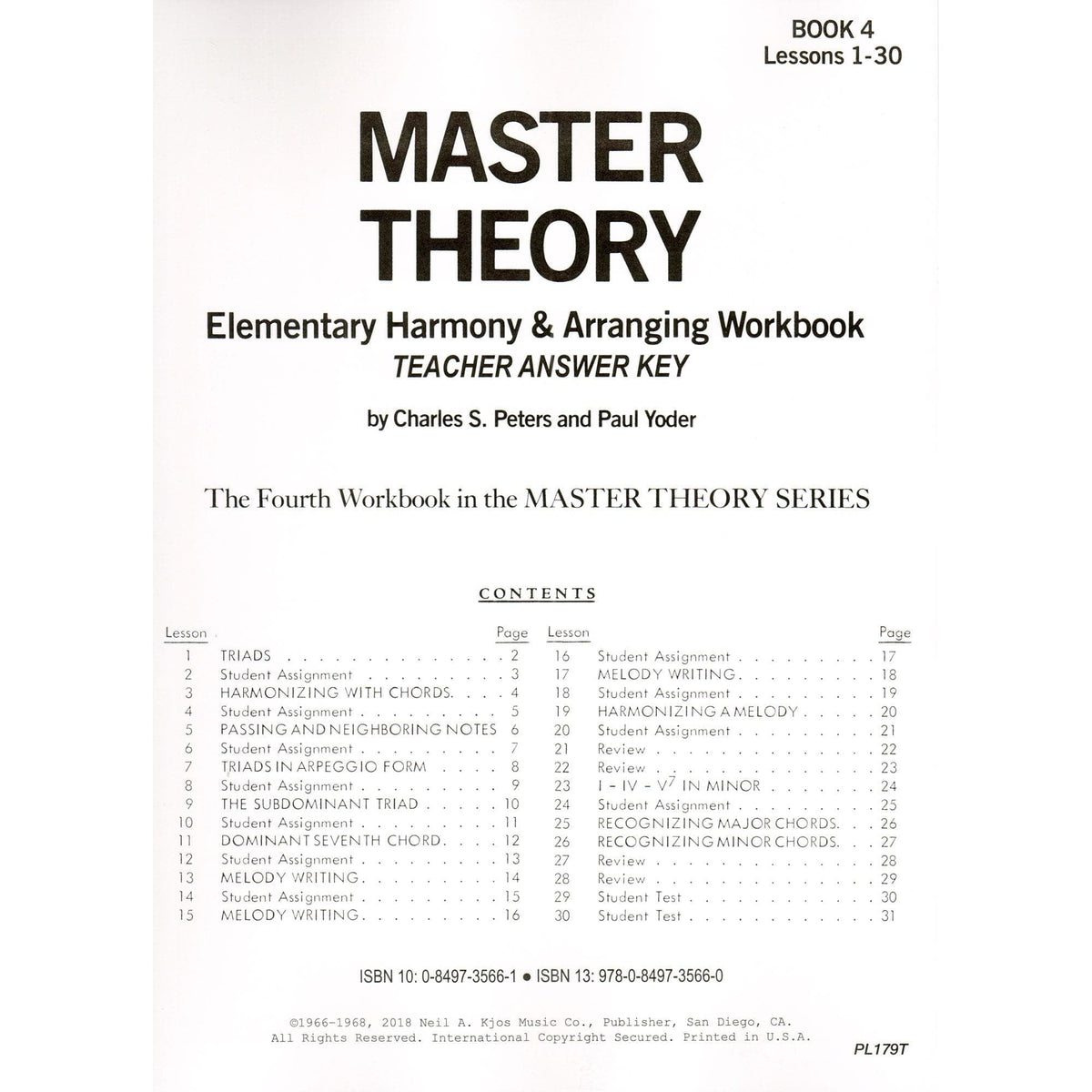 Master Theory Book 2: Teacher Answer Key By Charles Peters and Paul Yoder Published by Neil A Kjos Music Company