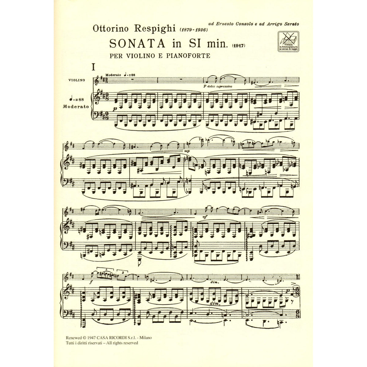 Respighi - Sonata In B Minor For Violin and Piano Published by Ricordi