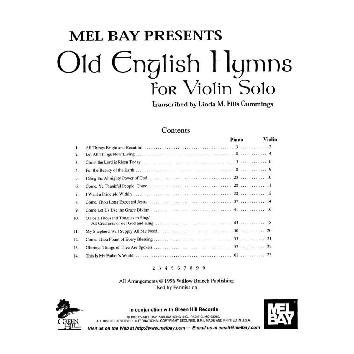 Ellis Cummings, Linda M - Old English Hymns for Solo Violin with Piano Accompaniment - Book/Online Audio - Mel Bay Publication