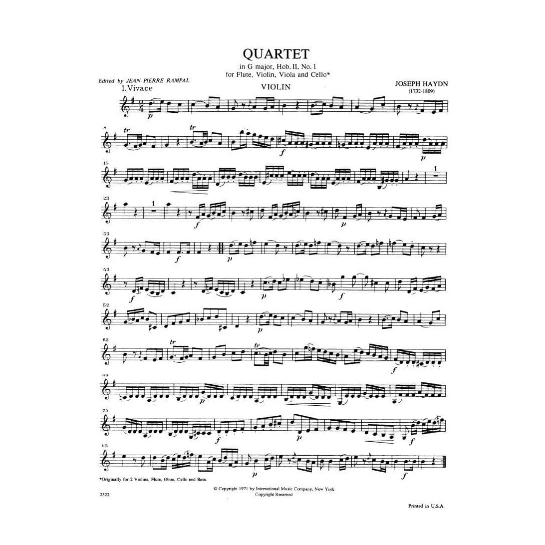 Haydn, Franz Joseph - Six Quartets, Op 5, Volume 2 (Nos 4-6) - Flute, Violin, Viola, and Cello - edited by Jean-Pierre Rampal - International Music Company