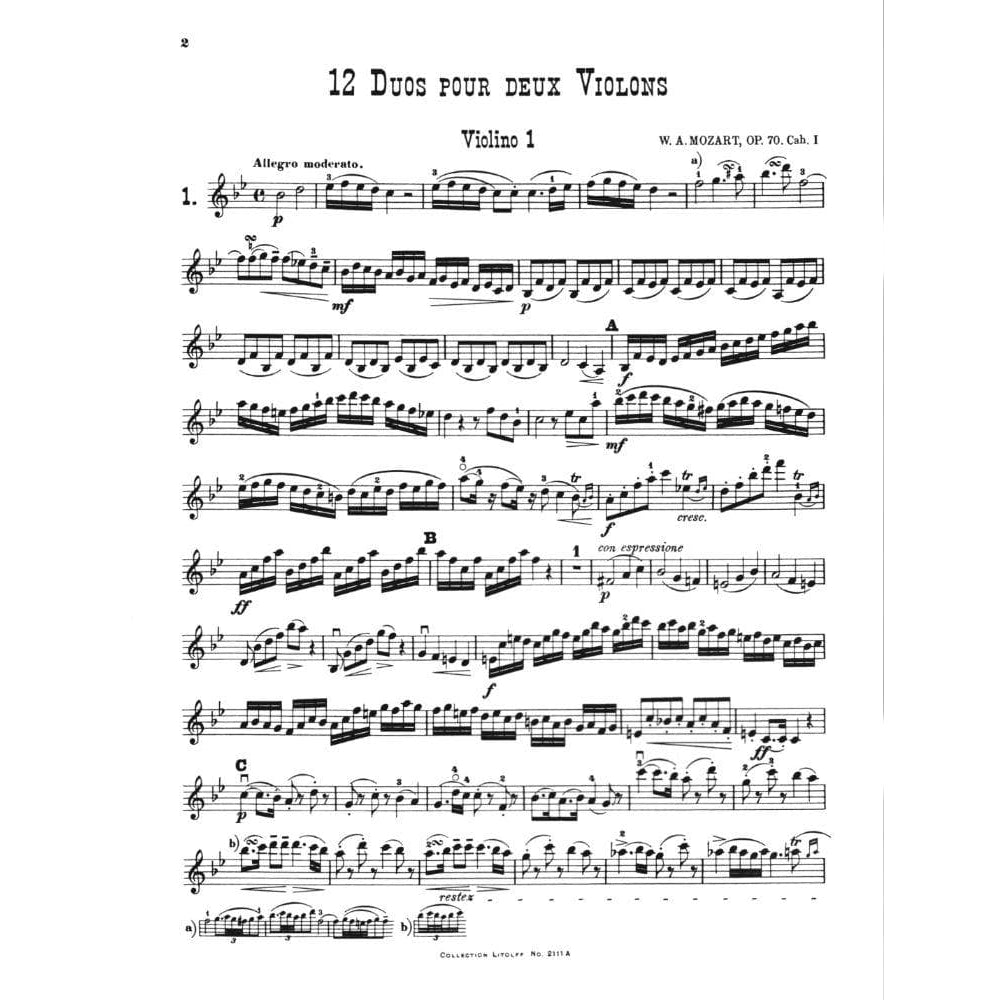 Mozart, WA - 12 Duos, Op 70 (K 152): Volume 1 (Nos 1-4) - Two Violins - Litloff Edition (Peters)