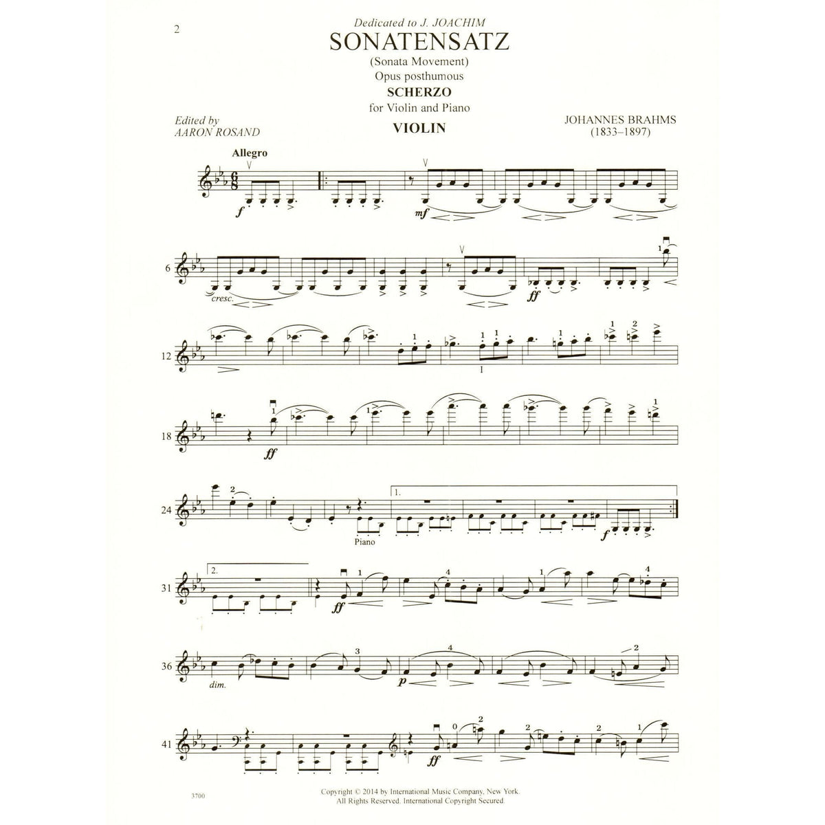 Brahms, Johannes - Sonatensatz: Scherzo in c minor for Violin and Piano - International Edition