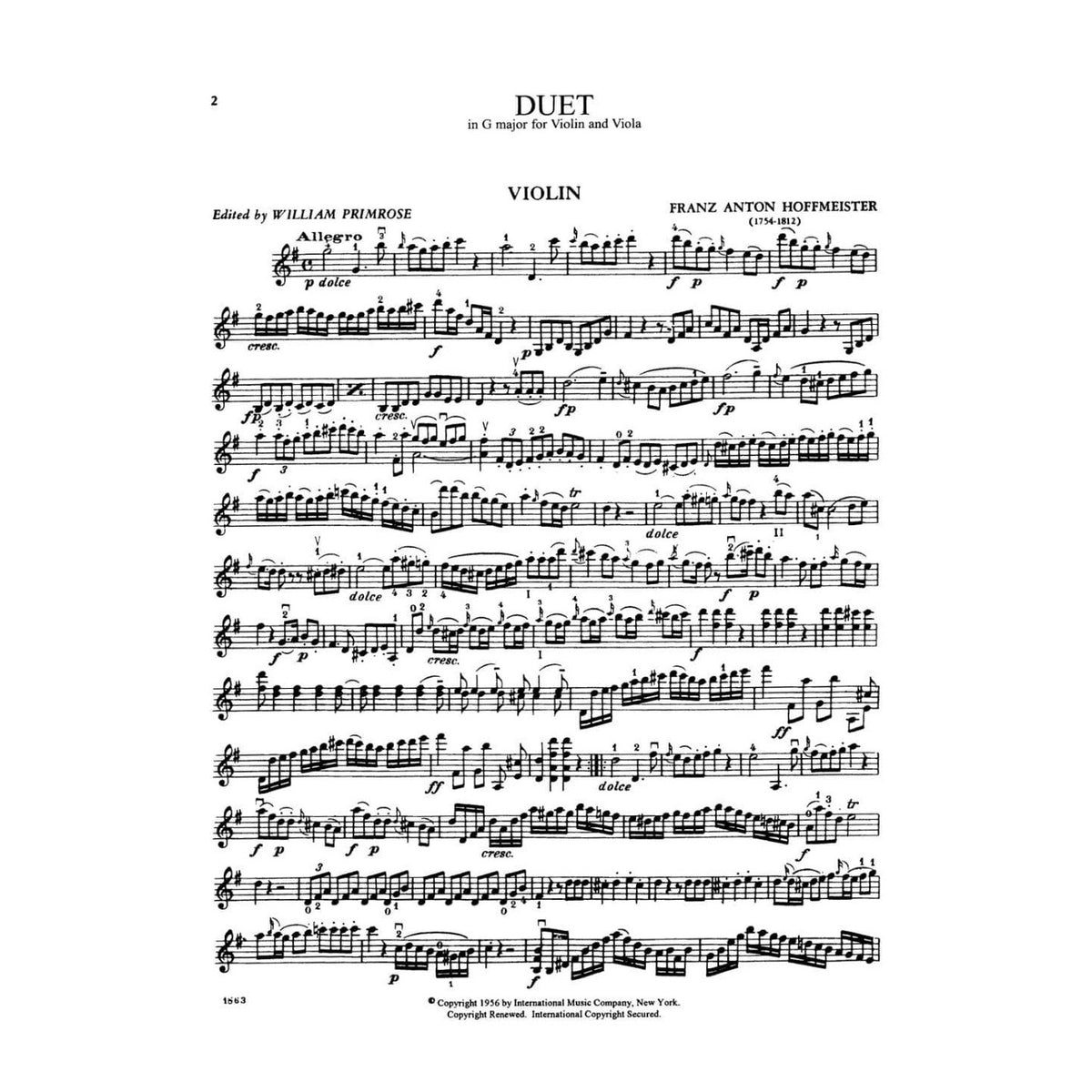 Hoffmeister, Franz Anton - Duet in G Major - Violin and Viola - edited by William Primrose - International Edition