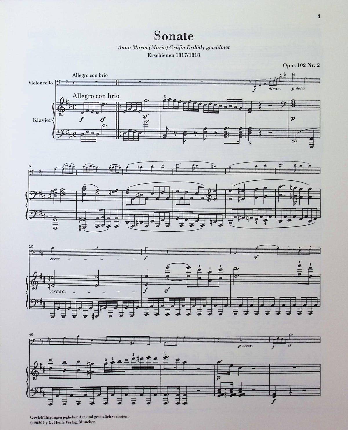 Beethoven, van Ludwig - Sonata in D major op. 102 no. 2 for Piano and Violoncello - Edited by Dufner - G. Henle Verlag