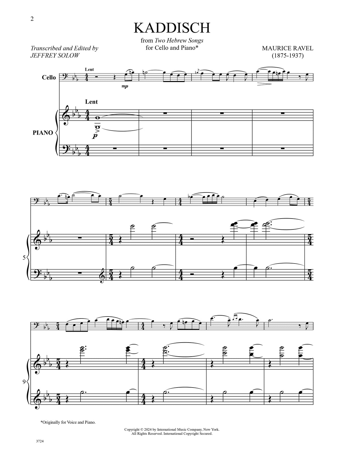 Ravel, Maurice - Kaddisch from Two Hebrew Songs for Cello and Piano - Edited by Solow - International Music Co.