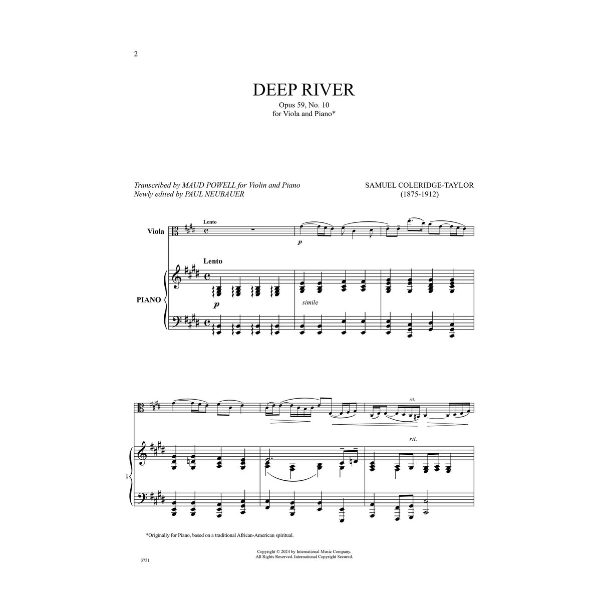Coleridge-Taylor, Samuel - Deep River Opus 59, No. 10 - Viola and Piano - Edited by Powell and Neubauer - International Music Co.