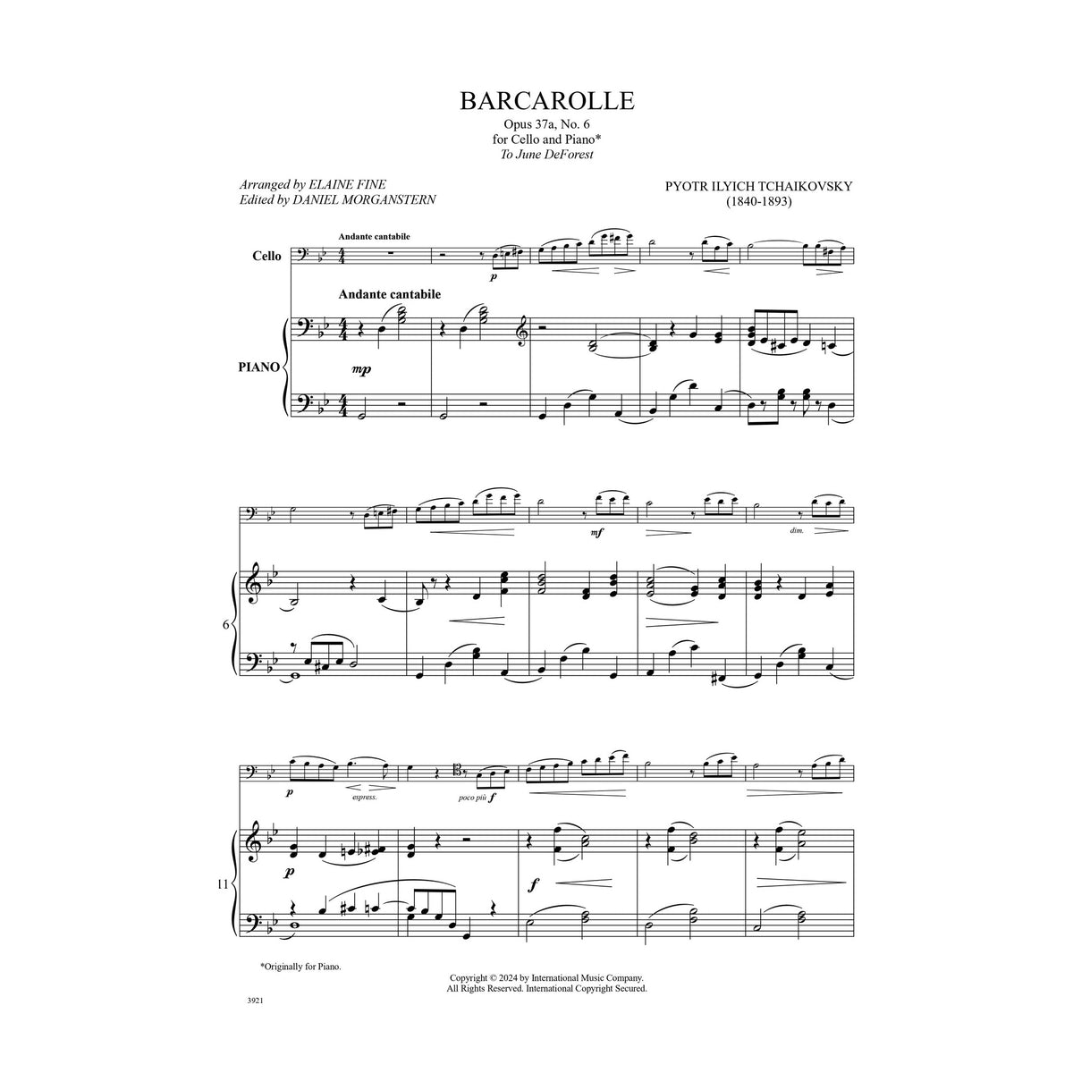 Tchaikovsky, Pyotr - Barcarolle Opus 37a, No. 6 - Cello and Piano - Edited by Fine and Morganstern - International Music Co.