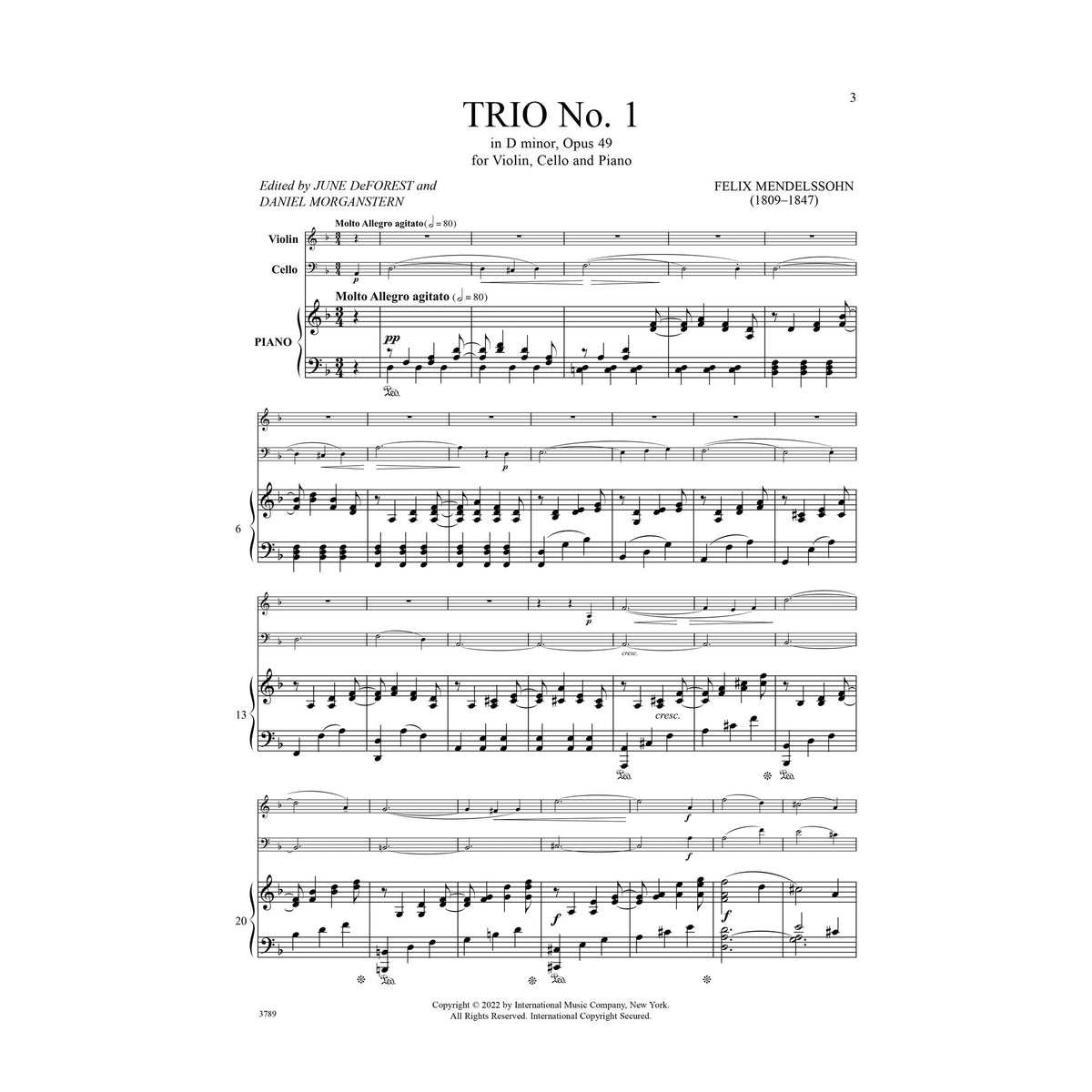 Mendelssohn, Felix - Trio No.1 in D minor, Opus 49 - Violin, Cello, and Piano - Edited by DeForest/Morganstern - International Music Co.