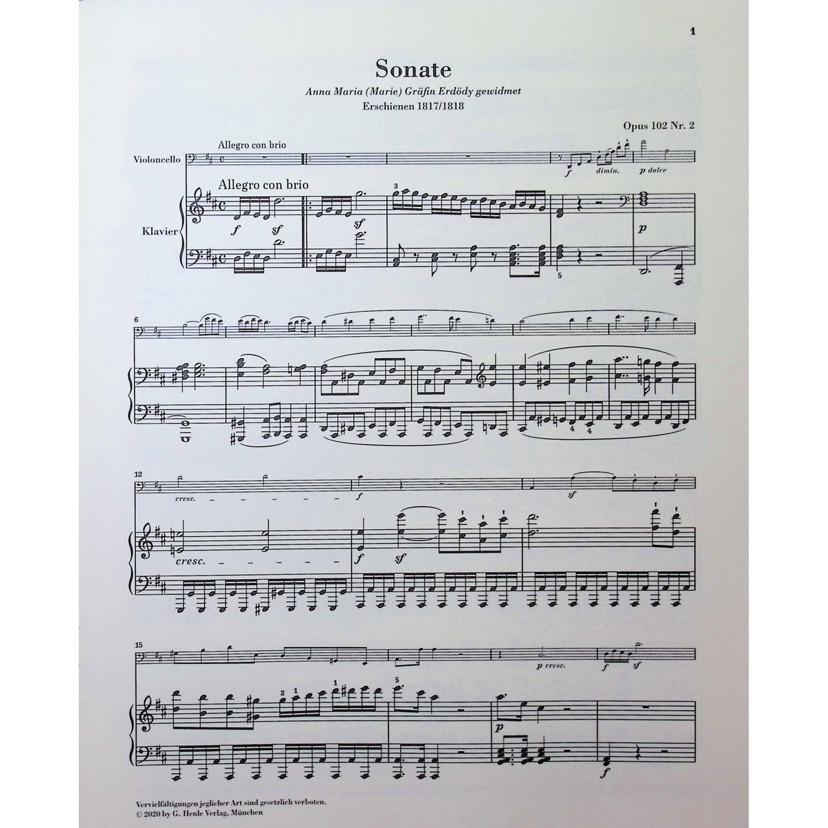 Beethoven, van Ludwig - Sonata in D major op. 102 no. 2 for Piano and Violoncello - Edited by Dufner - G. Henle Verlag