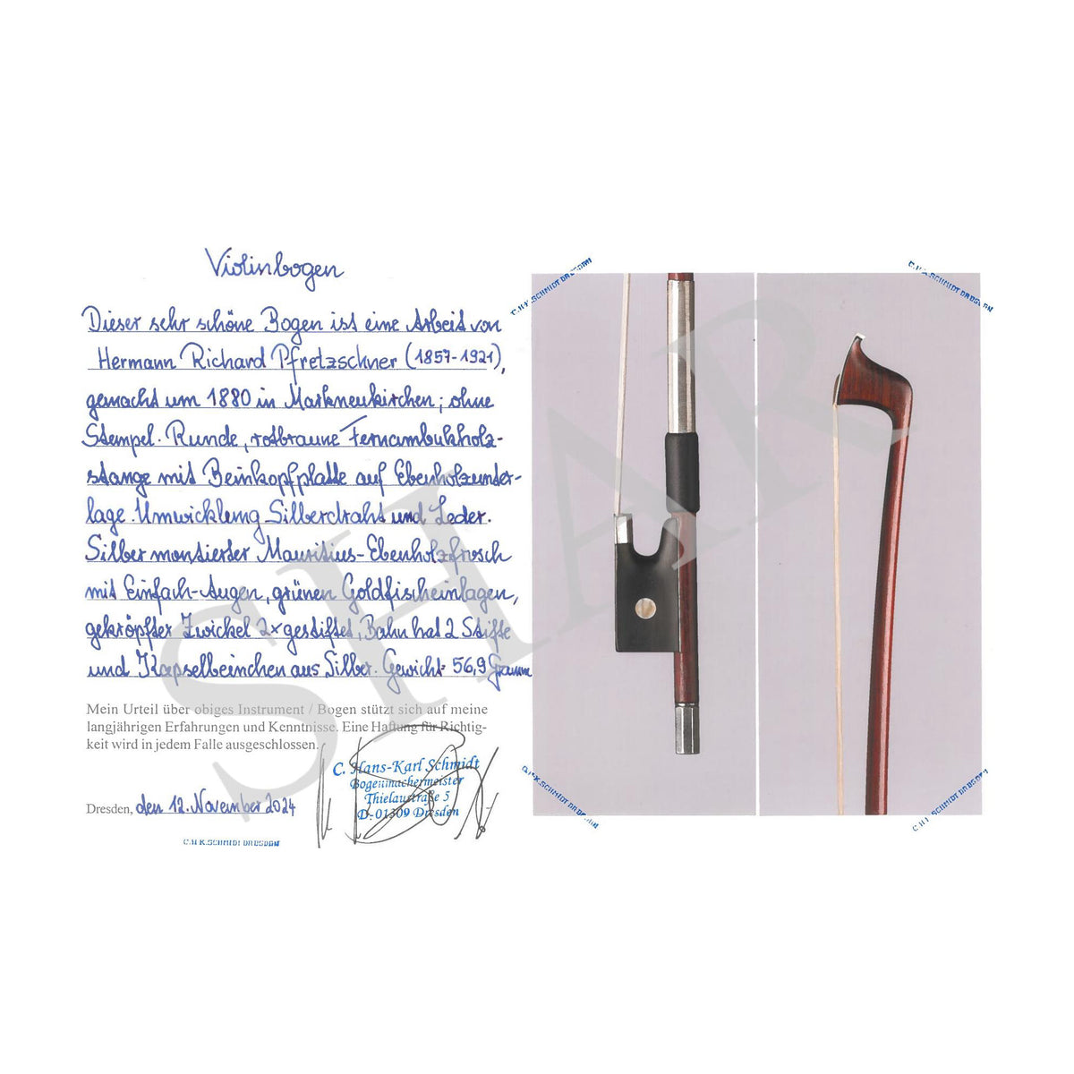 H.R. Pfretzschner Violin Bow, Markneukirchen c.1880, w/ Certificate