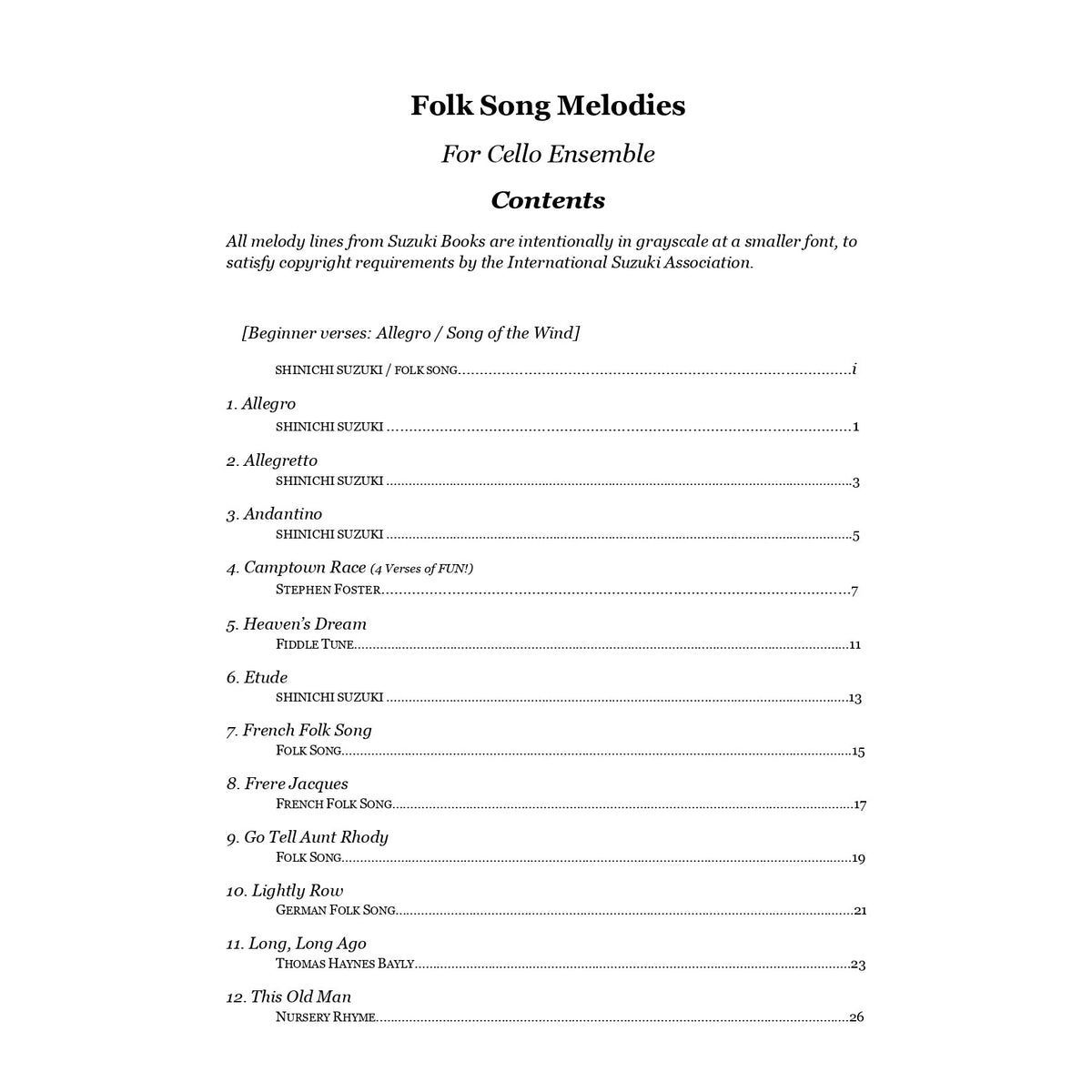 Yasuda, Martha - Folk Song Melodies For Cello Ensemble - Digital Download