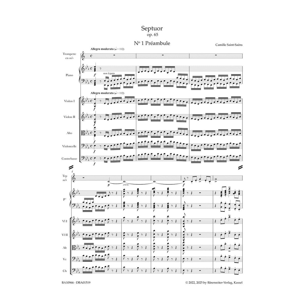 Saint-Saëns, Camille - Septuor for Trumpet, Piano, Two Violins, Viola, Cello and Double Bass in E-flat Major, Op. 65 - Score - edited by Ratner - Barenreiter Urtext