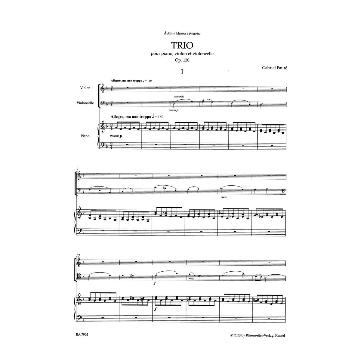 Fauré, Gabriel - Piano Trio in D Minor, Op. 120, N 194 - Piano, Violin, and Cello - edited by Sobaskie - Barenreiter Urtext