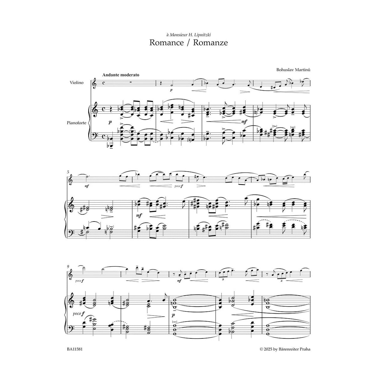 Martinů, Bohuslav - Romance, H 186bis - Violin and Piano - edited by Krátká - Barenreiter Urtext