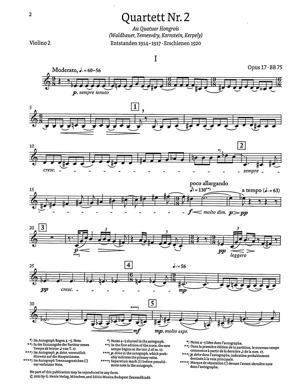 Bartok, Bela - String Quartet no. 2 op. 17 - Edited by Somfai - G. Henle Verlag