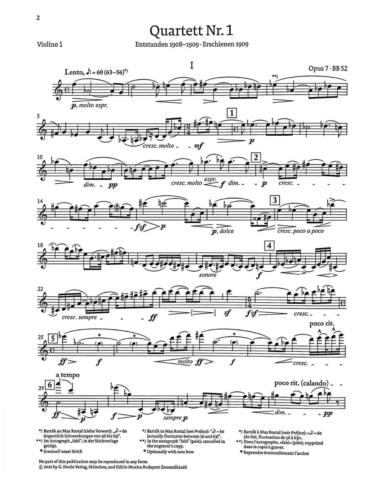 Bartok, Bela - String Quartet no. 1 op. 7 - Edited by Somfai - G. Henle Verlag