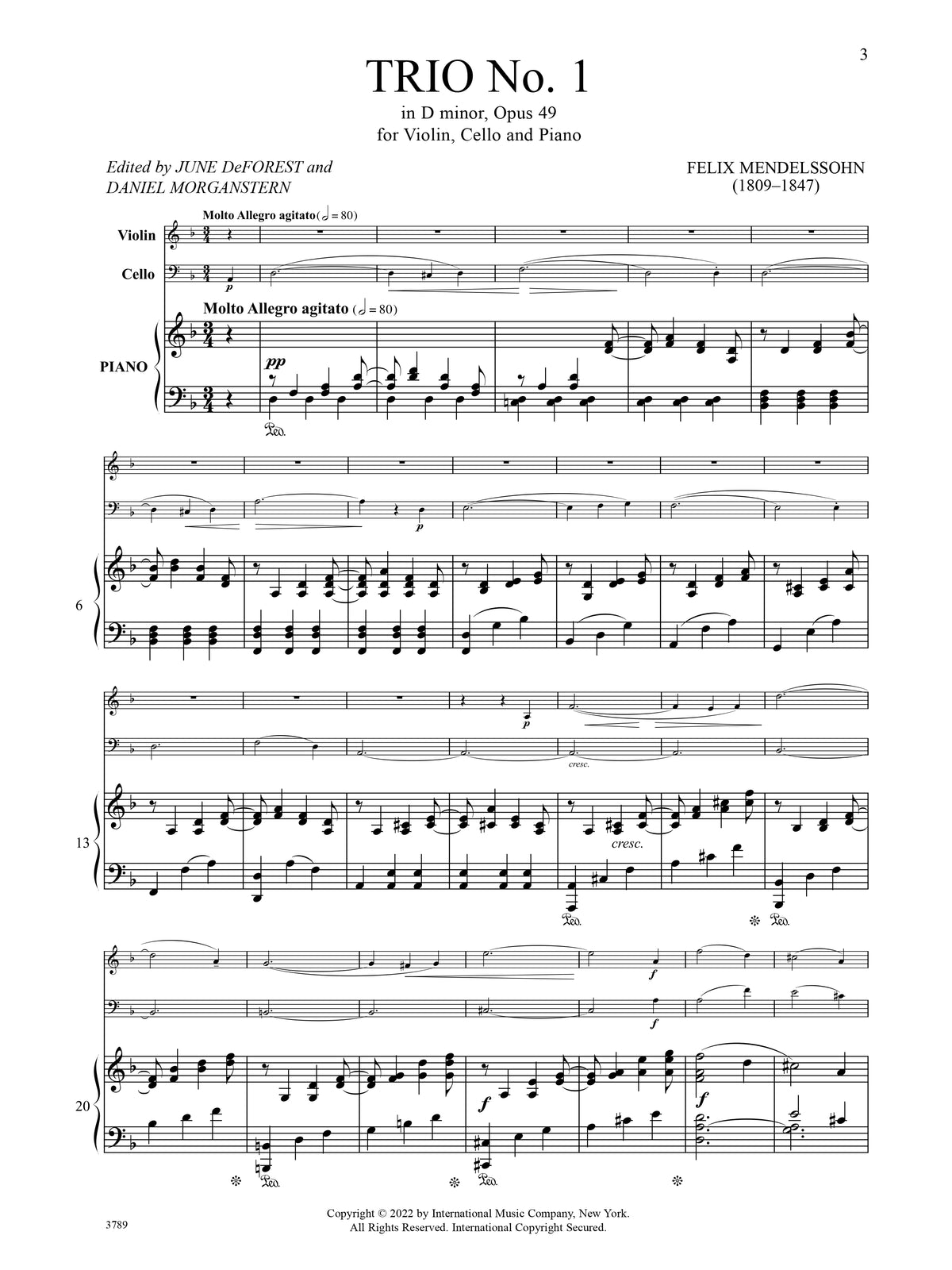 Mendelssohn, Felix - Trio No.1 in D minor, Opus 49 - Violin, Cello, and Piano - Edited by DeForest/Morganstern - International Music Co.