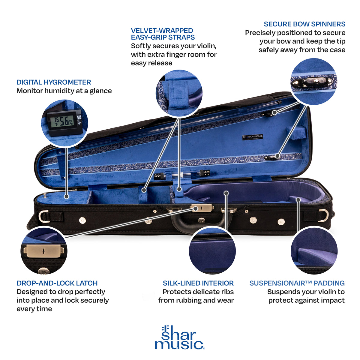 American Case Company Continental Signature Dart Violin Case, Sapphire Interior, Open Case, Key Features Graphic