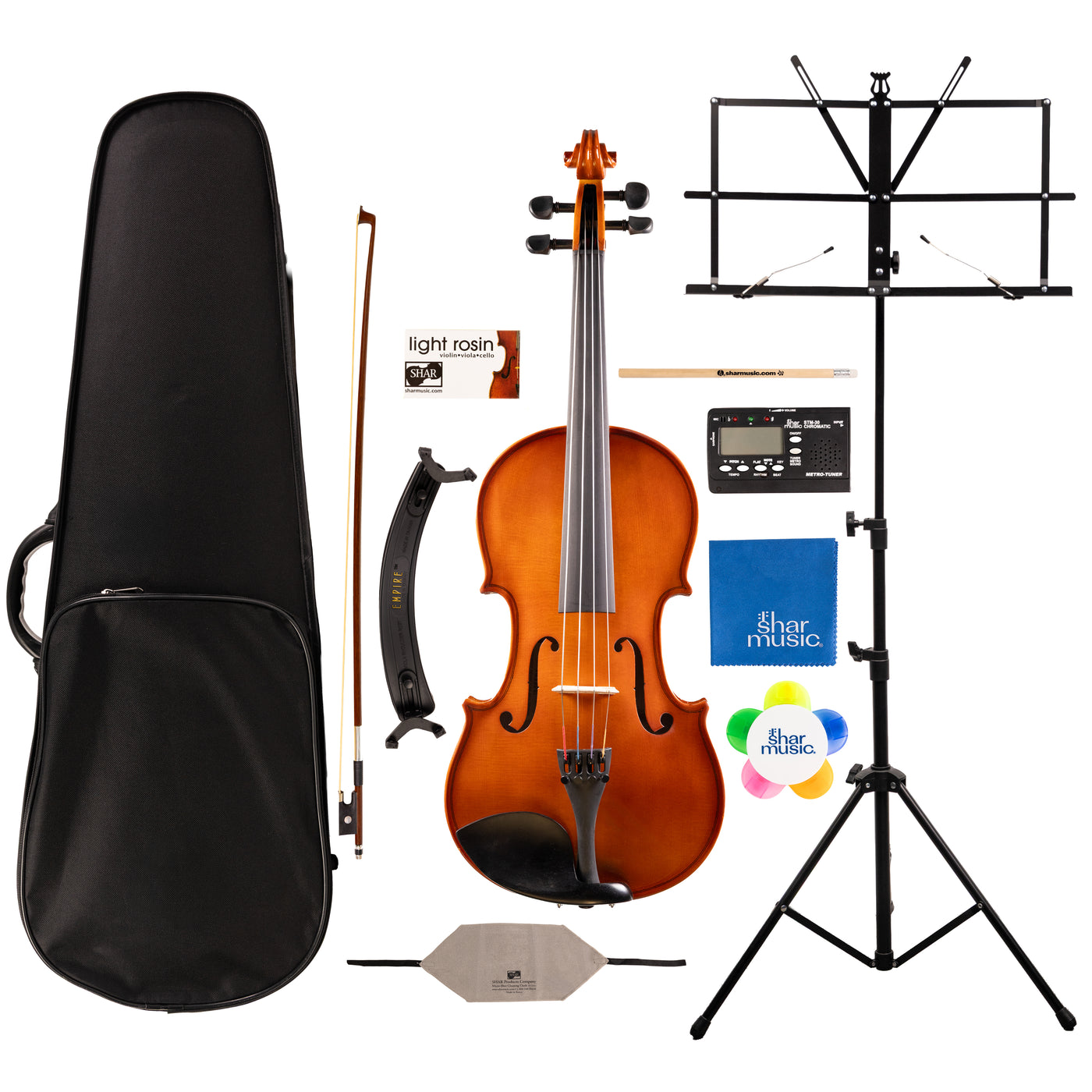 Detailed component view of a Franz Hoffmann Amadeus Deluxe Outfit for beginner viola with viola, wood bow, case, rosin, cleaning cloths, shoulder rest, tuner-metronome, folding stand, and more