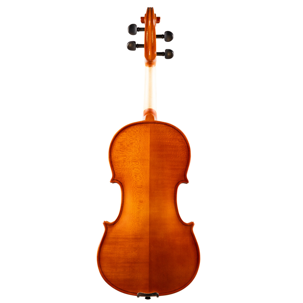 Back view of a Franz Hoffmann Amadeus beginner viola with spruce top, maple back, ebony fingerboard, pegs, and chinrest
