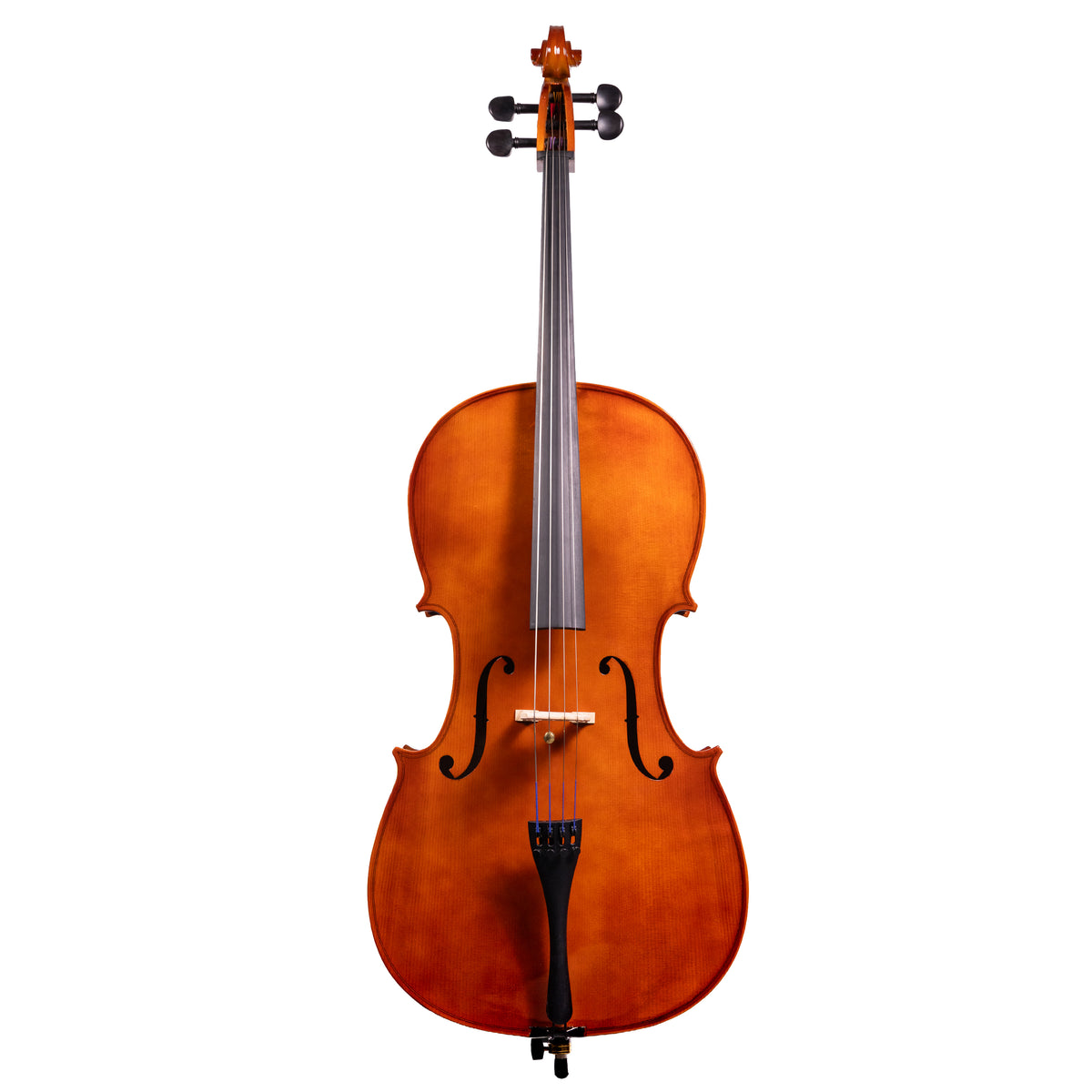 Front view of a Franz Hoffmann Amadeus Carved beginner cello with spruce top, maple back, ebony fingerboard, ebony pegs, and metal endpin