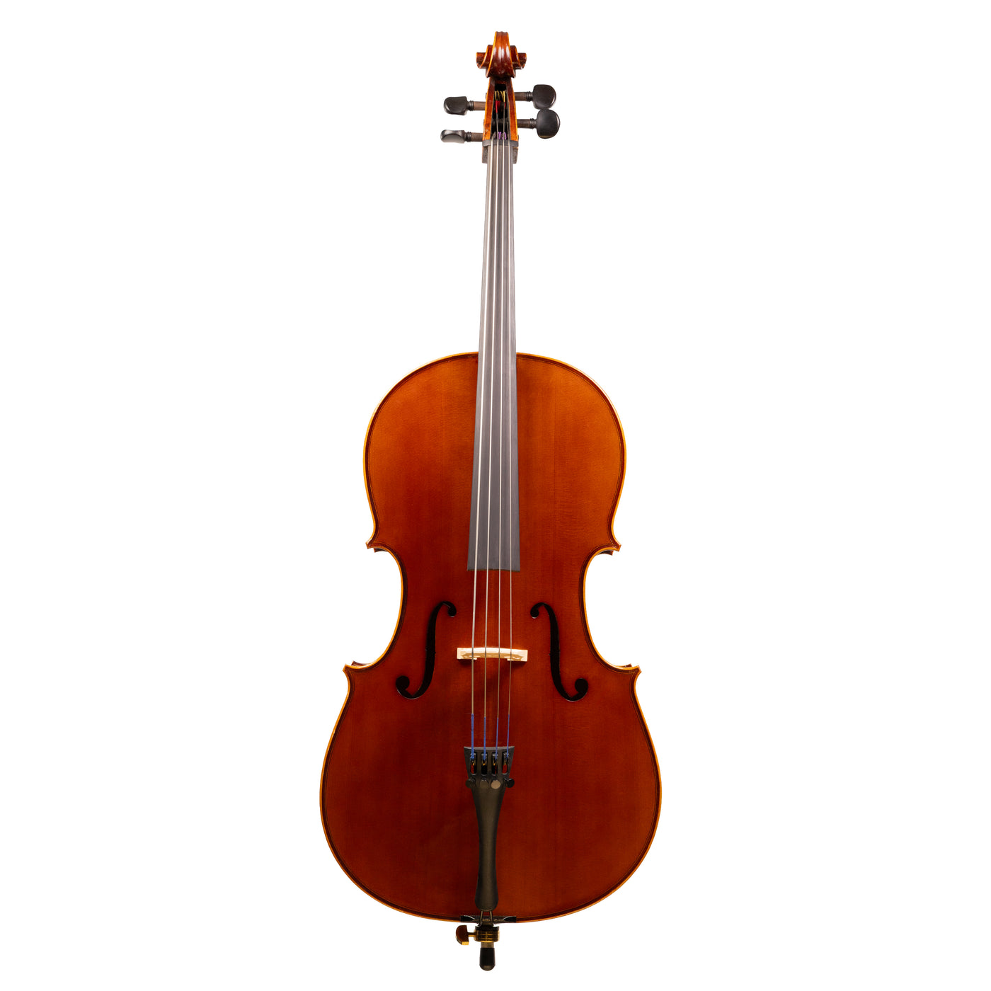 Front view of a Franz Hoffmann Prelude Carved beginner cello with spruce top, maple back, ebony fingerboard, ebony pegs, and metal endpin