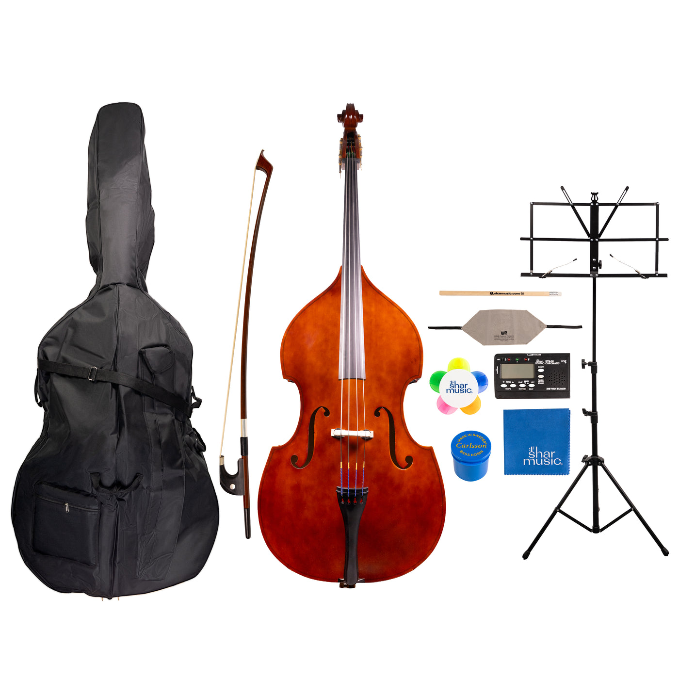 Detailed component view of a Franz Hoffmann Amadeus Deluxe Outfit for beginner double bass with double bass, wood bow with German grip, case, rosin, cleaning cloths, endpin anchor, tuner-metronome, folding stand, and more