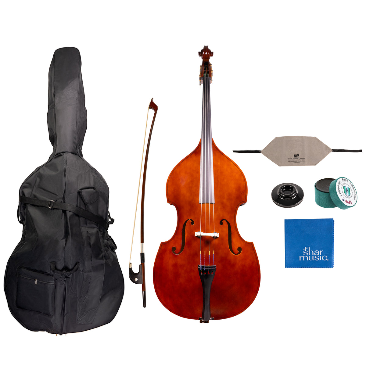Detailed component view of a Franz Hoffmann Amadeus Outfit for beginner double bass with double bass, wood bow with German grip, case, rosin, cleaning cloths, and endpin stop