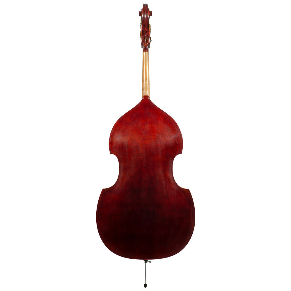 Back view of a Franz Hoffmann Amadeus beginner bass with laminate front, sides, and back, ebony fingerboard, quality geared pegs, and metal endpin