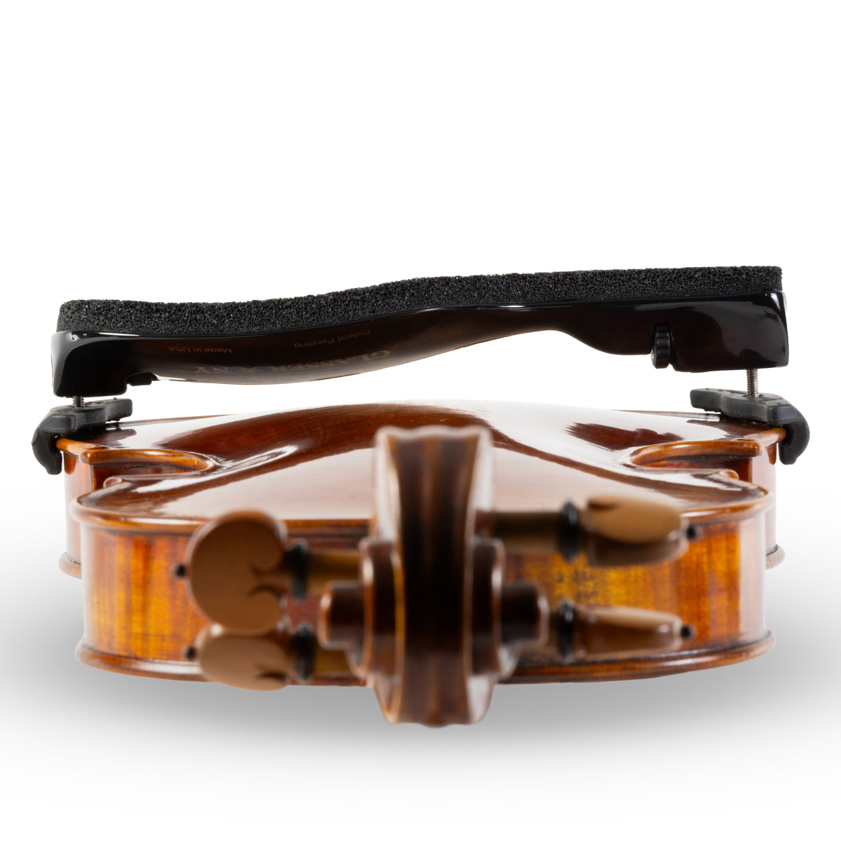 Glasser Perfecto Carbon Fiber Violin Shoulder Rest Low-Profile View from the Scroll