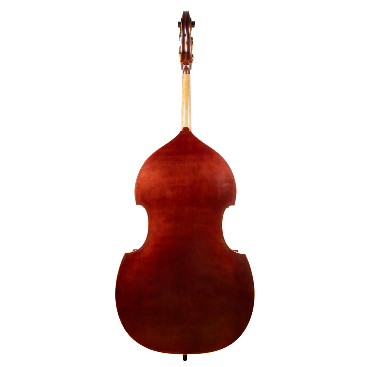 Back view of a Franz Hoffmann Concert beginner bass with laminate front, sides, and back, ebony fingerboard, quality geared pegs, and metal endpin