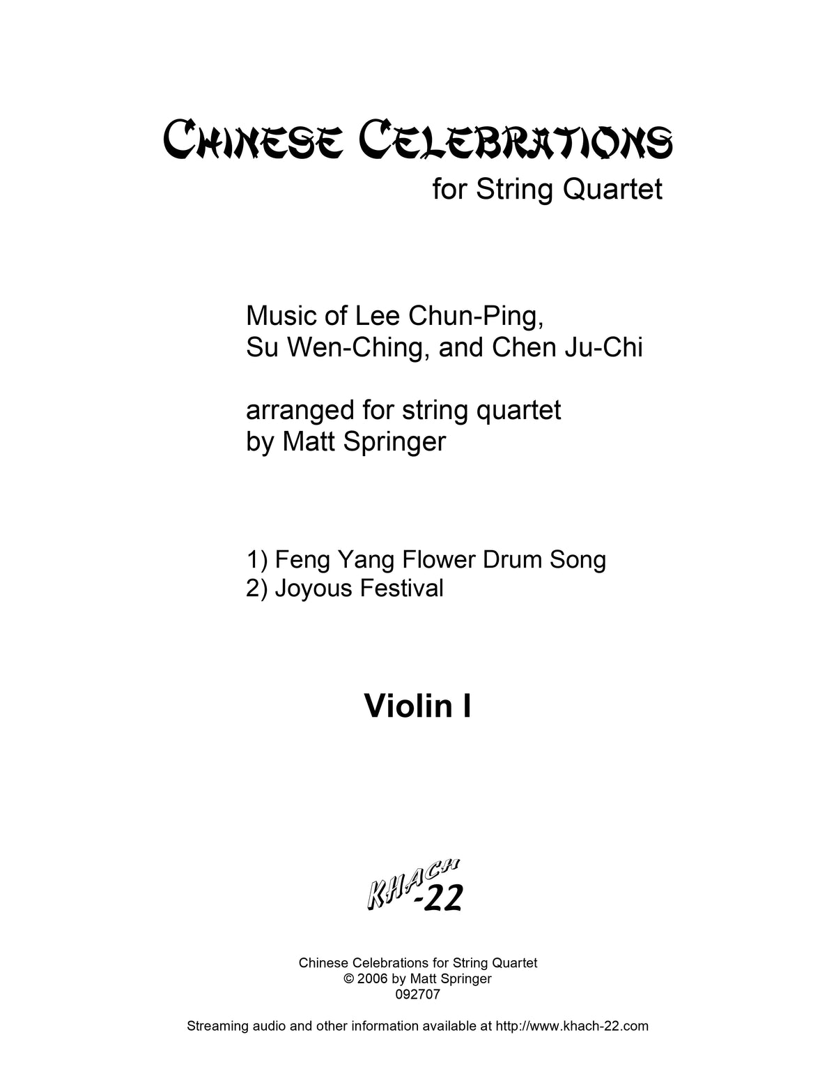 Springer, Matt - Chinese Celebrations for String Quartet - Khach-22 Digital Download